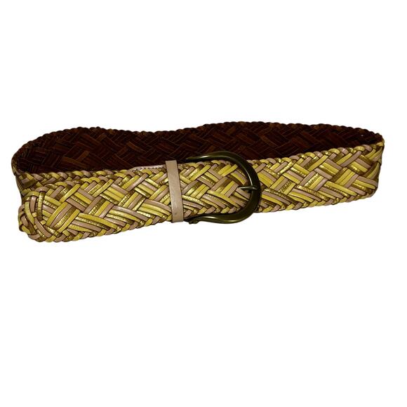 Linea Pella Multistrand braided leather belt wide beige nude yellow gold size L